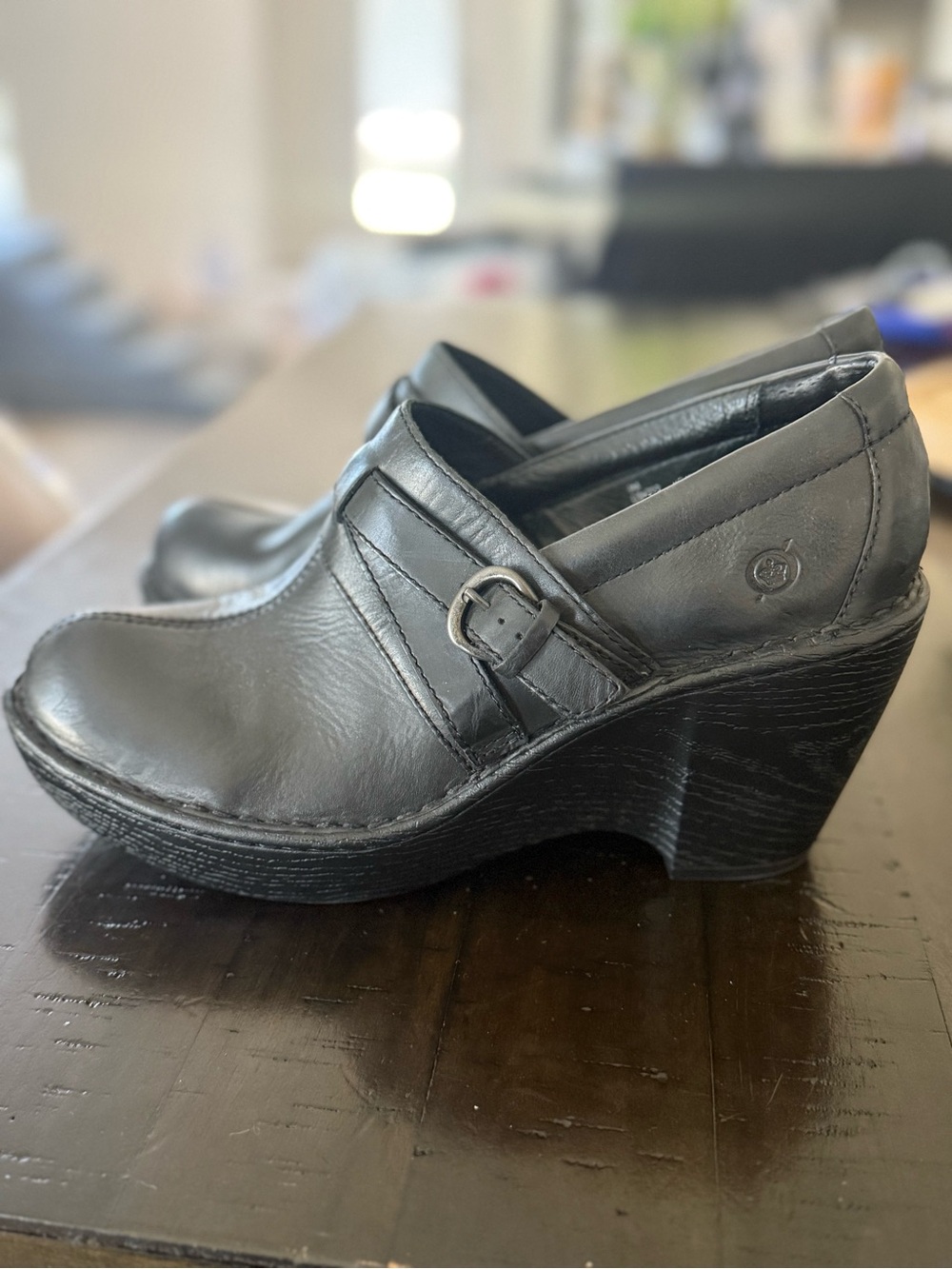 Born Black Leather Wedge Clogs with Side Buckle